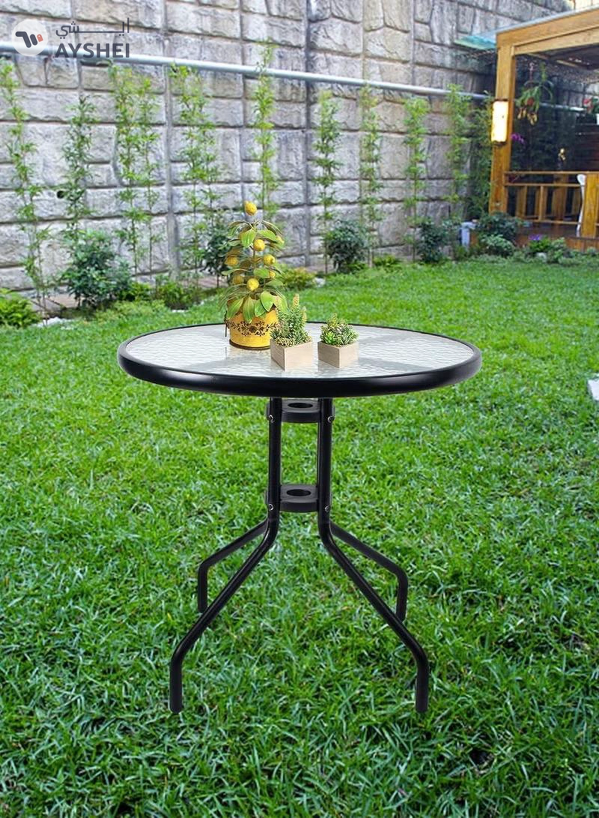 DubaiGallery Outdoor Table Round Patio Dining Table Coffee Table Side Table Garden Table Outdoor Indoor Furniture with Metal Frame and Tempered Water Ripple Glass Top for Garden Backyard Porch Deck-2-2