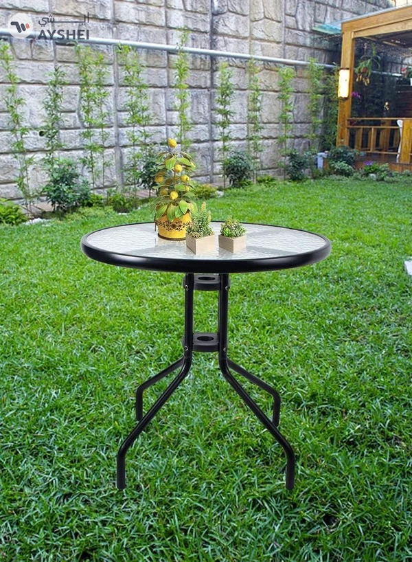 DubaiGallery Outdoor Table Round Patio Dining Table Coffee Table Side Table Garden Table Outdoor Indoor Furniture with Metal Frame and Tempered Water Ripple Glass Top for Garden Backyard Porch Deck