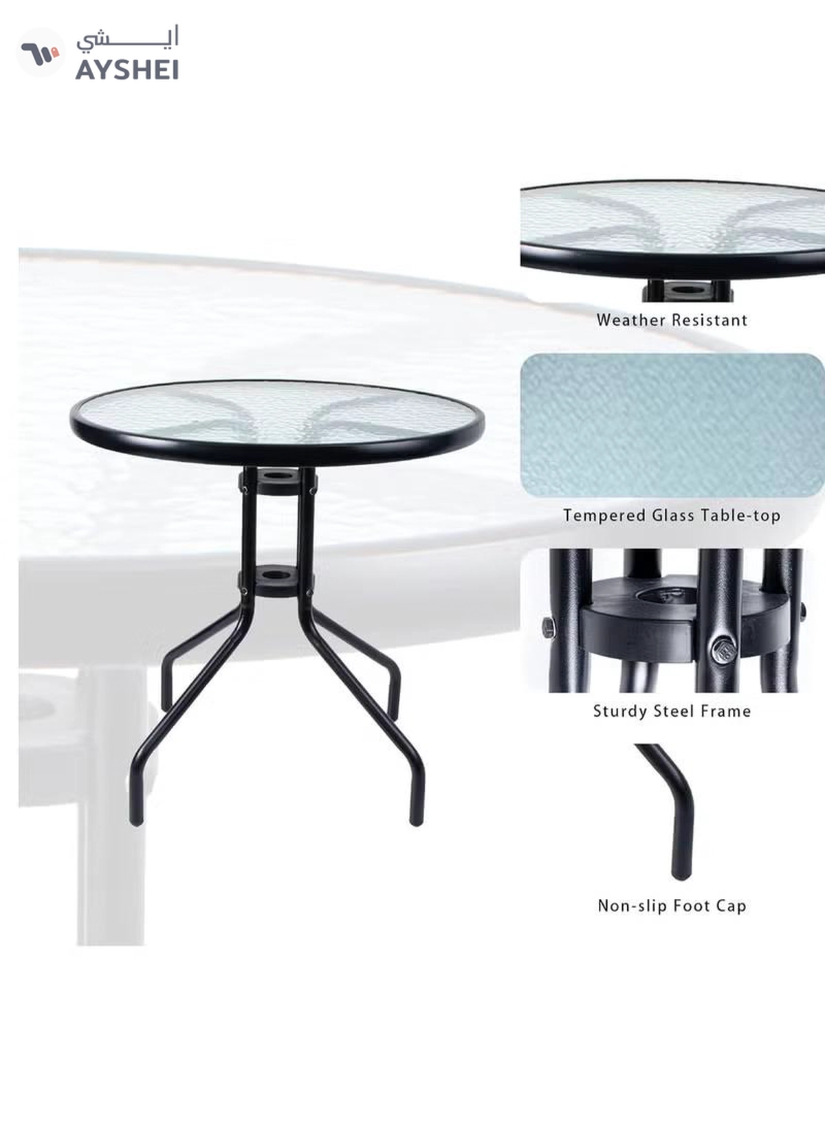 DubaiGallery Outdoor Table Round Patio Dining Table Coffee Table Side Table Garden Table Outdoor Indoor Furniture with Metal Frame and Tempered Water Ripple Glass Top for Garden Backyard Porch Deck-1-1