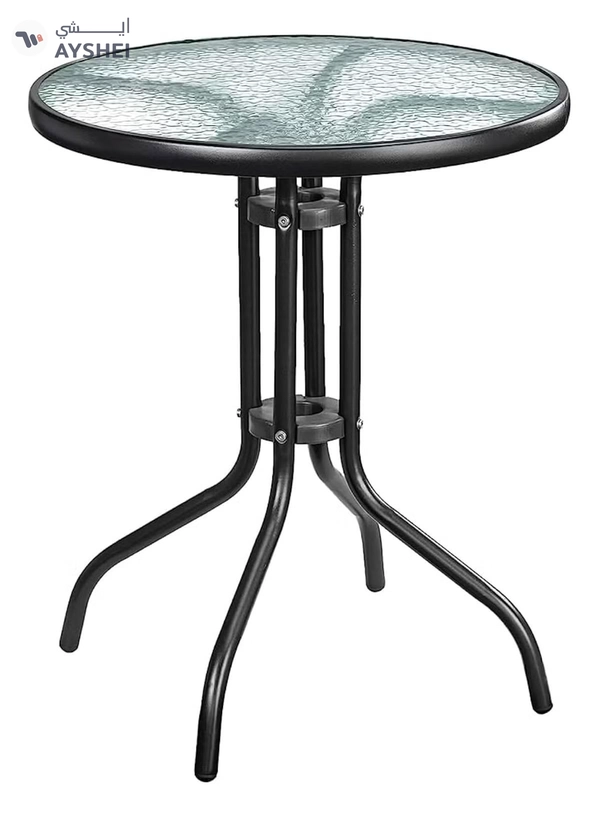 DubaiGallery Outdoor Table Round Patio Dining Table Coffee Table Side Table Garden Table Outdoor Indoor Furniture with Metal Frame and Tempered Water Ripple Glass Top for Garden Backyard Porch Deck