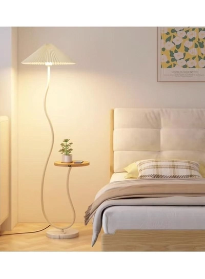 DubaiGallery Floor Lamp Standing Floor Lamp Living Room Nordic Iron Floor Lamp With Wooden Table Standing Light Marble Base Fabric Lampshade Floor Lamps For Living Room Bedroom Floor Lamps-0