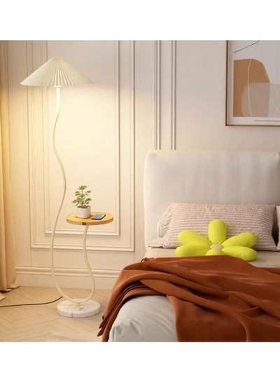 DubaiGallery Floor Lamp Standing Floor Lamp Living Room Nordic Iron Floor Lamp With Wooden Table Standing Light Marble Base Fabric Lampshade Floor Lamps For Living Room Bedroom Floor Lamps-2