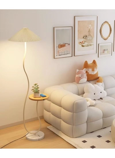 DubaiGallery Floor Lamp Standing Floor Lamp Living Room Nordic Iron Floor Lamp With Wooden Table Standing Light Marble Base Fabric Lampshade Floor Lamps For Living Room Bedroom Floor Lamps-3