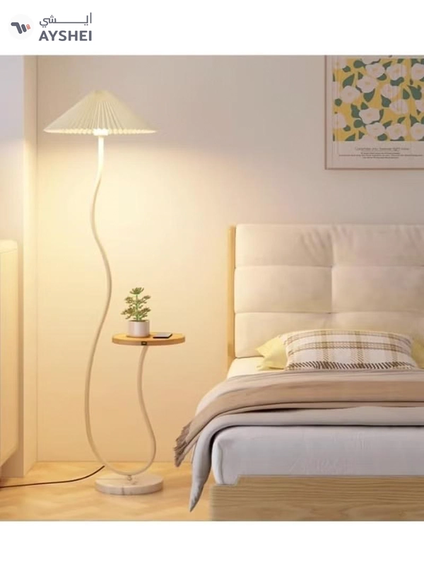 DubaiGallery Floor Lamp Standing Floor Lamp Living Room Nordic Iron Floor Lamp With Wooden Table Standing Light Marble Base Fabric Lampshade Floor Lamps For Living Room Bedroom Floor Lamps