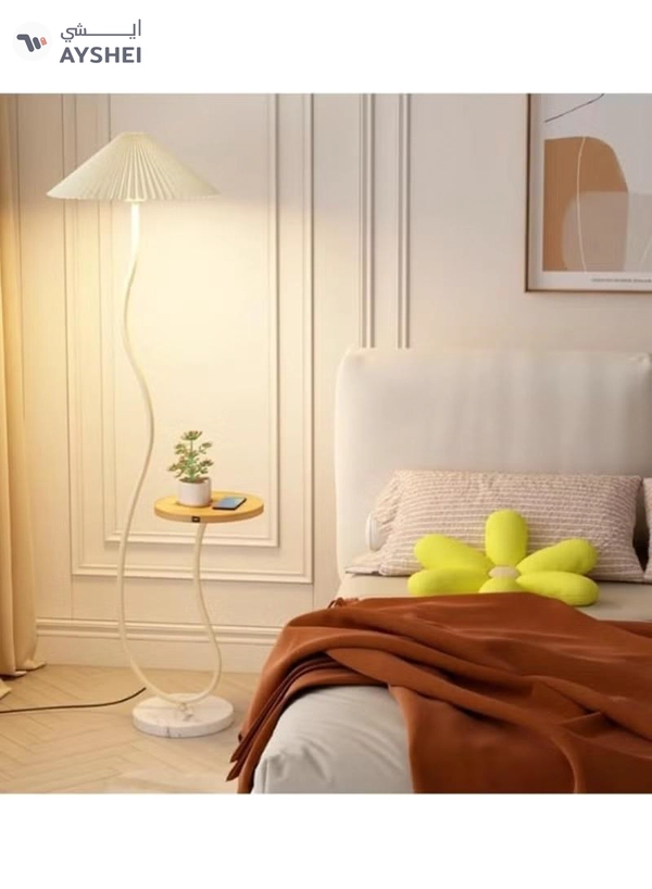 DubaiGallery Floor Lamp Standing Floor Lamp Living Room Nordic Iron Floor Lamp With Wooden Table Standing Light Marble Base Fabric Lampshade Floor Lamps For Living Room Bedroom Floor Lamps