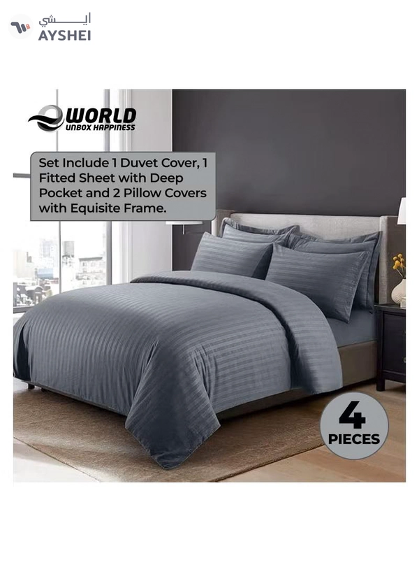 Eworld 4-Piece Luxury King Size Dark Grey Striped Bedding Set Includes 1 Duvet Cover (220x240cm)