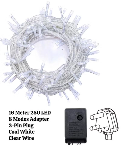 Yuwell 16 Meter 250 LED String Lights Decoration Lights Cool White Light 8 Modes Led Light Clear Wire For Home Decorations Ramadan Lights Indoor & Outdoor Decoration Ramadan Decoration Light Diwali Lights Curtain Lights With 3-Pin UK Plug-0