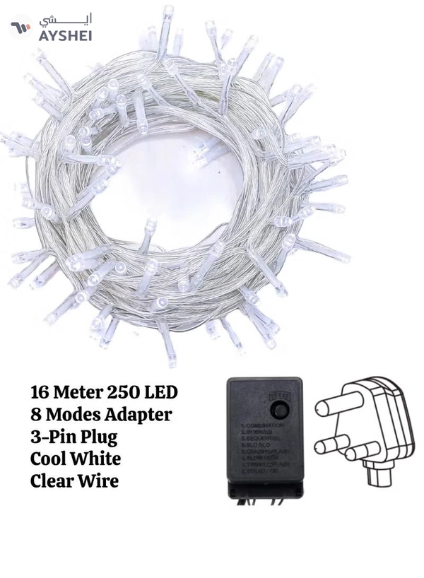 Yuwell 16 Meter 250 LED String Lights Decoration Lights Cool White Light 8 Modes Led Light Clear Wire For Home Decorations Ramadan Lights Indoor & Outdoor Decoration Ramadan Decoration Light Diwali Lights Curtain Lights With 3-Pin UK Plug