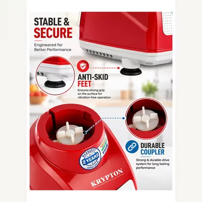 KRYPTON Powerful 2-in-1 Mixer Grinder with 2 Stainless Steel Jars, 3-Speed Control, Overload Protection, Ergonomic Grip – Ideal for Smoothies, Spices, Chutneys, and More 1.5 L 550 W KNB5311N White/Red/Silver-7