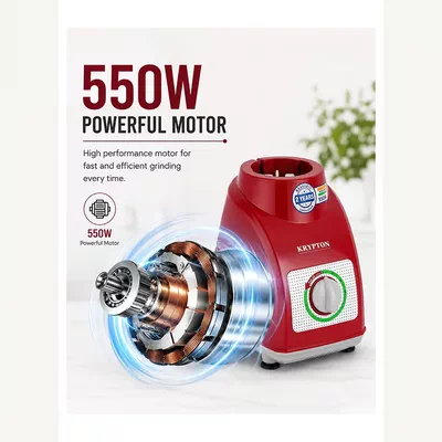 KRYPTON Powerful 2-in-1 Mixer Grinder with 2 Stainless Steel Jars, 3-Speed Control, Overload Protection, Ergonomic Grip – Ideal for Smoothies, Spices, Chutneys, and More 1.5 L 550 W KNB5311N White/Red/Silver-2