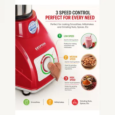 KRYPTON Powerful 2-in-1 Mixer Grinder with 2 Stainless Steel Jars, 3-Speed Control, Overload Protection, Ergonomic Grip – Ideal for Smoothies, Spices, Chutneys, and More 1.5 L 550 W KNB5311N White/Red/Silver-3