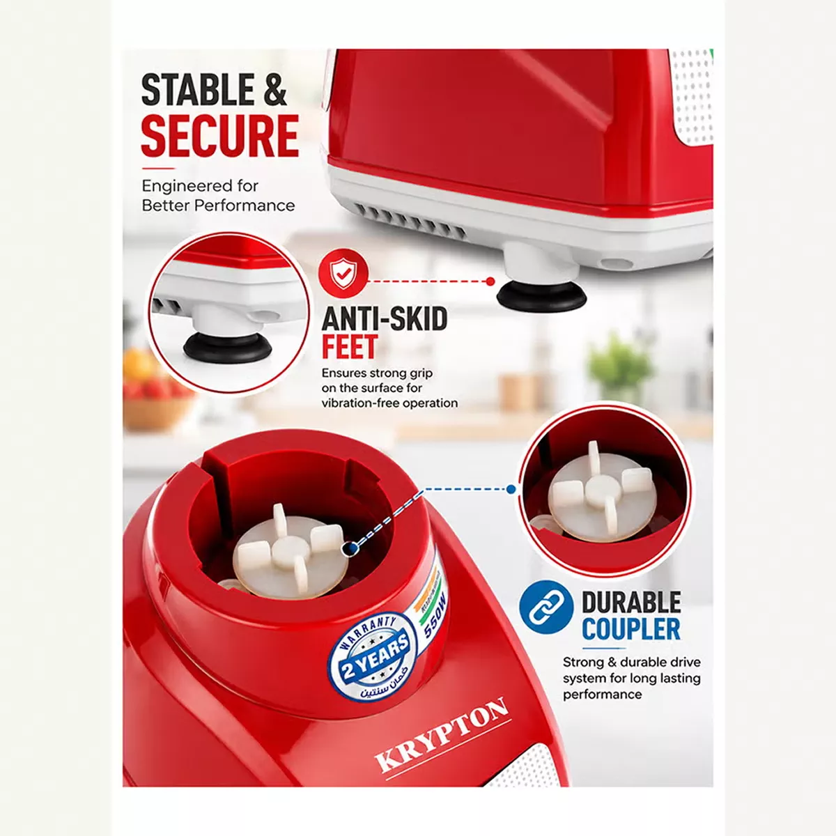 KRYPTON Powerful 2-in-1 Mixer Grinder with 2 Stainless Steel Jars, 3-Speed Control, Overload Protection, Ergonomic Grip – Ideal for Smoothies, Spices, Chutneys, and More 1.5 L 550 W KNB5311N White/Red/Silver-7-7