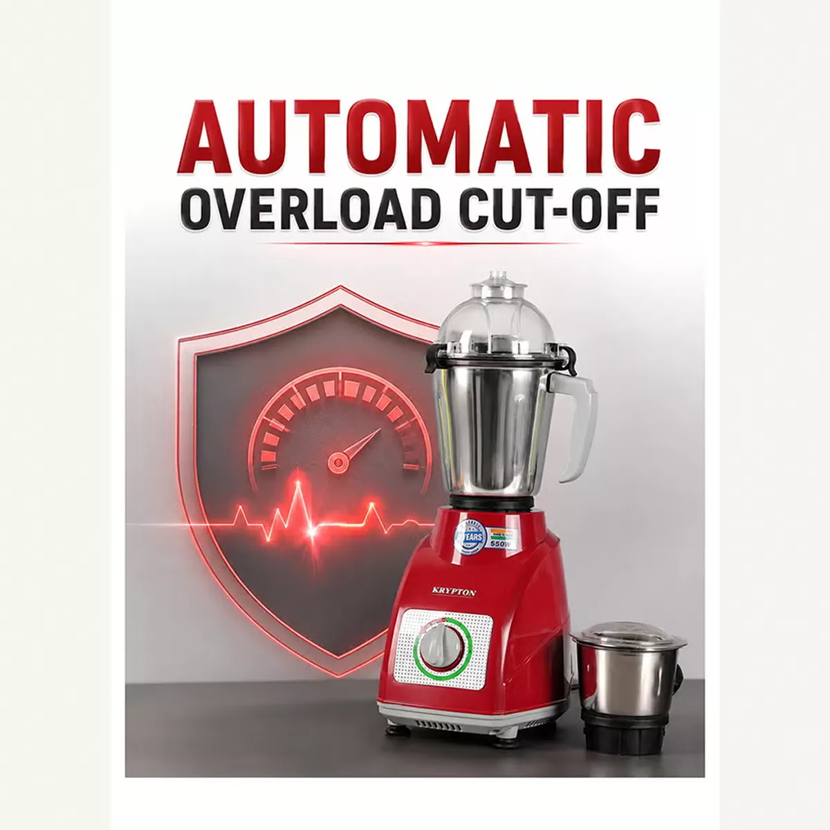 KRYPTON Powerful 2-in-1 Mixer Grinder with 2 Stainless Steel Jars, 3-Speed Control, Overload Protection, Ergonomic Grip – Ideal for Smoothies, Spices, Chutneys, and More 1.5 L 550 W KNB5311N White/Red/Silver-5-5
