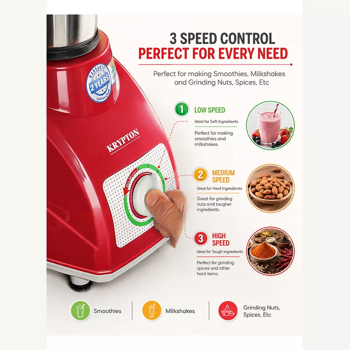 KRYPTON Powerful 2-in-1 Mixer Grinder with 2 Stainless Steel Jars, 3-Speed Control, Overload Protection, Ergonomic Grip – Ideal for Smoothies, Spices, Chutneys, and More 1.5 L 550 W KNB5311N White/Red/Silver-3-3