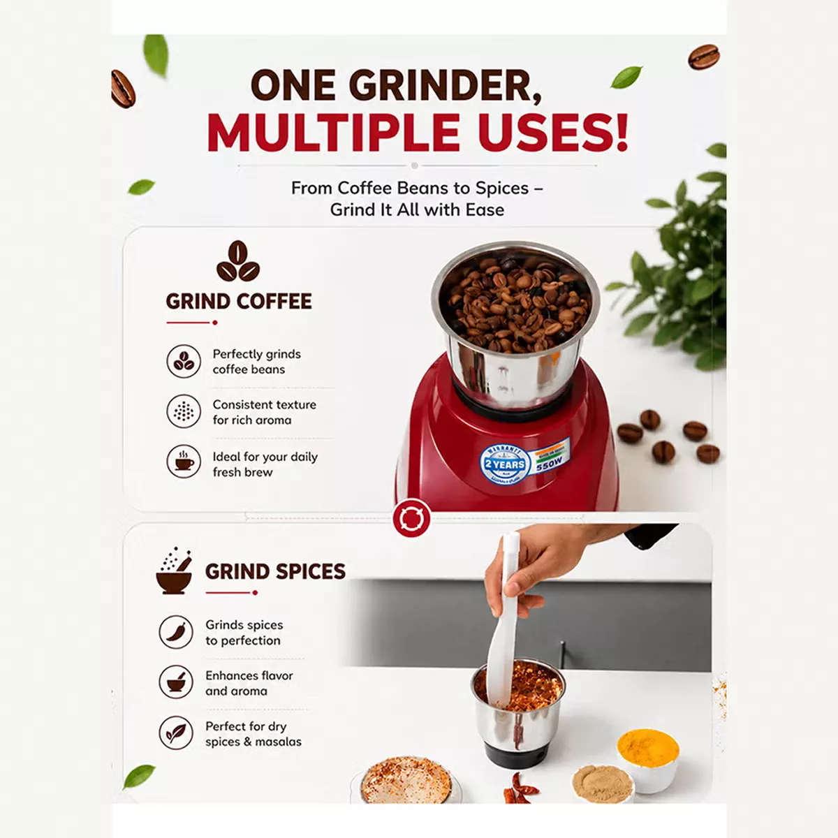 KRYPTON Powerful 2-in-1 Mixer Grinder with 2 Stainless Steel Jars, 3-Speed Control, Overload Protection, Ergonomic Grip – Ideal for Smoothies, Spices, Chutneys, and More 1.5 L 550 W KNB5311N White/Red/Silver-4-4