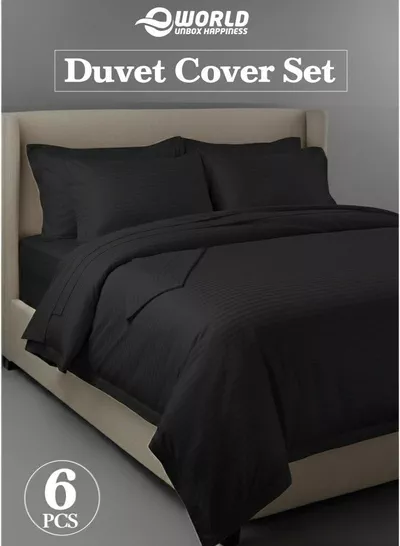 Premium Striped Duvet Set All Season – 6-Pieces Set Black | King Size 220x240 cm | Ultra-Soft, Wrinkle-Resistant & Made in Dubai | Includes Duvet Cover, Fitted Sheet (200x200 cm) & 4 Pillowcases (50x70 cm)-0