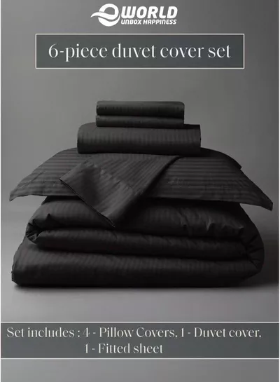 Premium Striped Duvet Set All Season – 6-Pieces Set Black | King Size 220x240 cm | Ultra-Soft, Wrinkle-Resistant & Made in Dubai | Includes Duvet Cover, Fitted Sheet (200x200 cm) & 4 Pillowcases (50x70 cm)-3