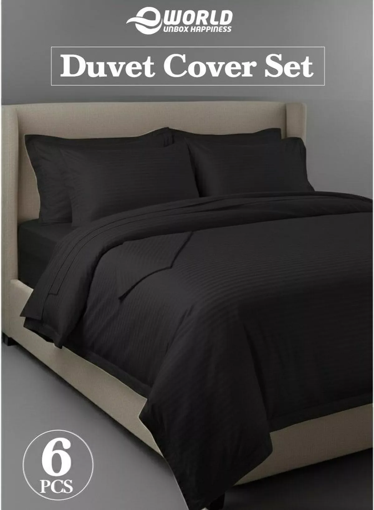 Premium Striped Duvet Set All Season – 6-Pieces Set Black | King Size 220x240 cm | Ultra-Soft, Wrinkle-Resistant & Made in Dubai | Includes Duvet Cover, Fitted Sheet (200x200 cm) & 4 Pillowcases (50x70 cm)