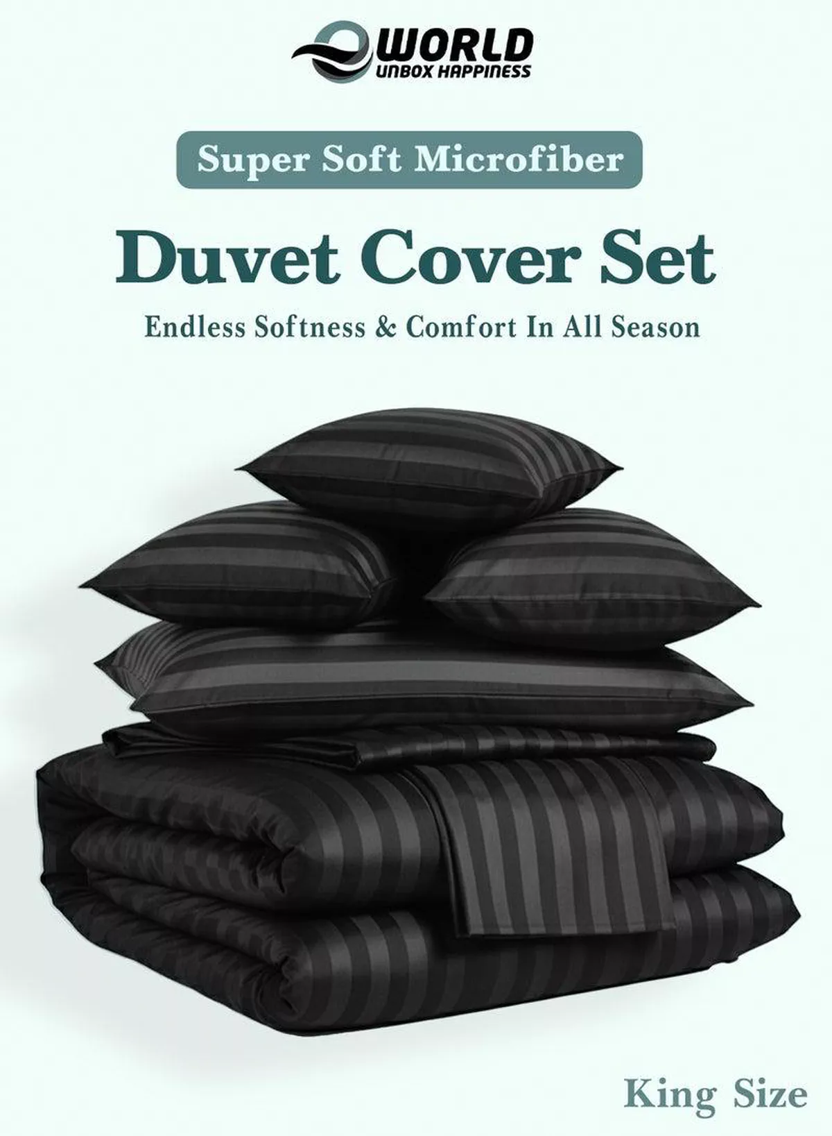 Premium Striped Duvet Set All Season – 6-Pieces Set Black | King Size 220x240 cm | Ultra-Soft, Wrinkle-Resistant & Made in Dubai | Includes Duvet Cover, Fitted Sheet (200x200 cm) & 4 Pillowcases (50x70 cm)-2-2
