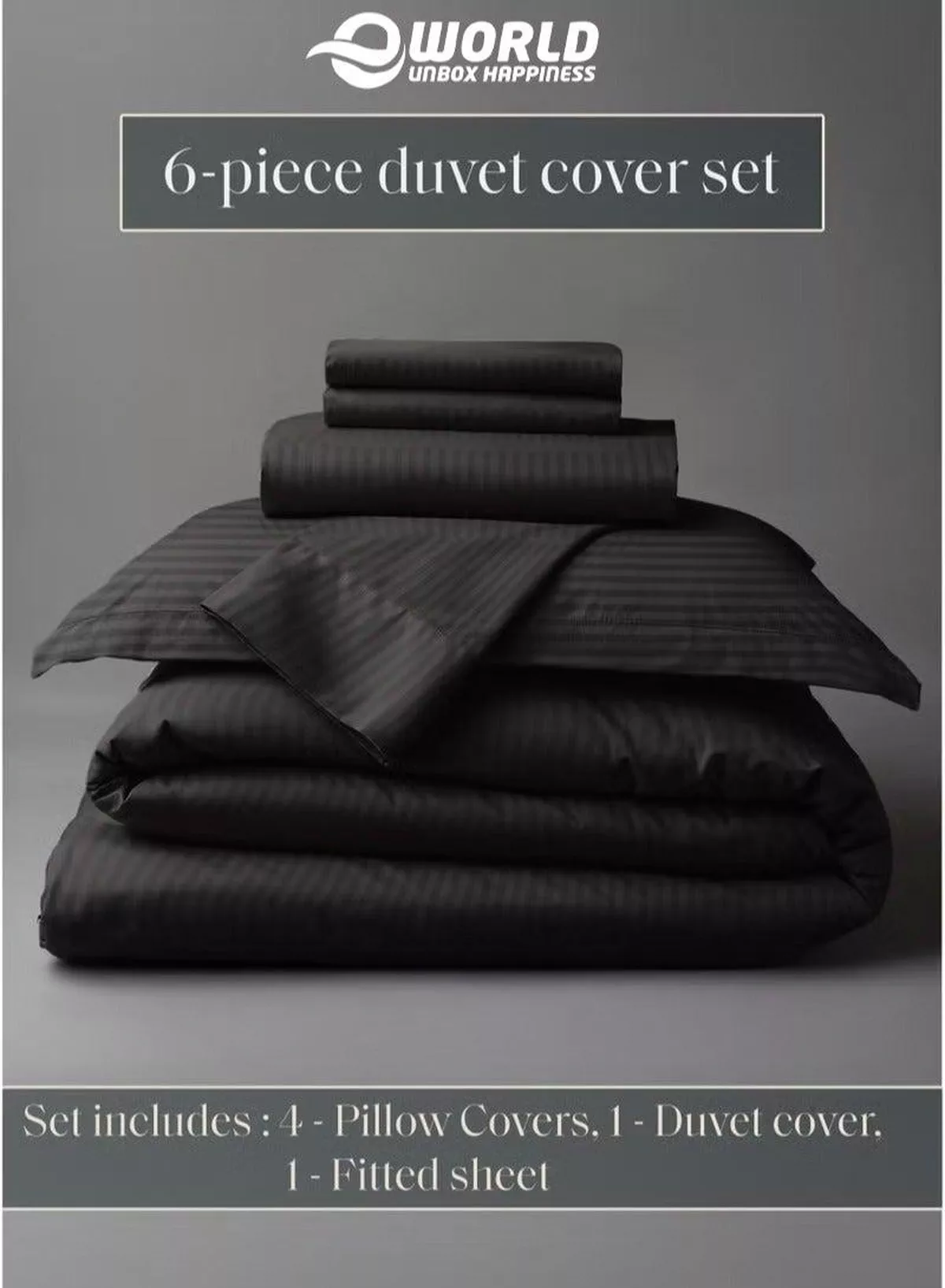 Premium Striped Duvet Set All Season – 6-Pieces Set Black | King Size 220x240 cm | Ultra-Soft, Wrinkle-Resistant & Made in Dubai | Includes Duvet Cover, Fitted Sheet (200x200 cm) & 4 Pillowcases (50x70 cm)-3-3