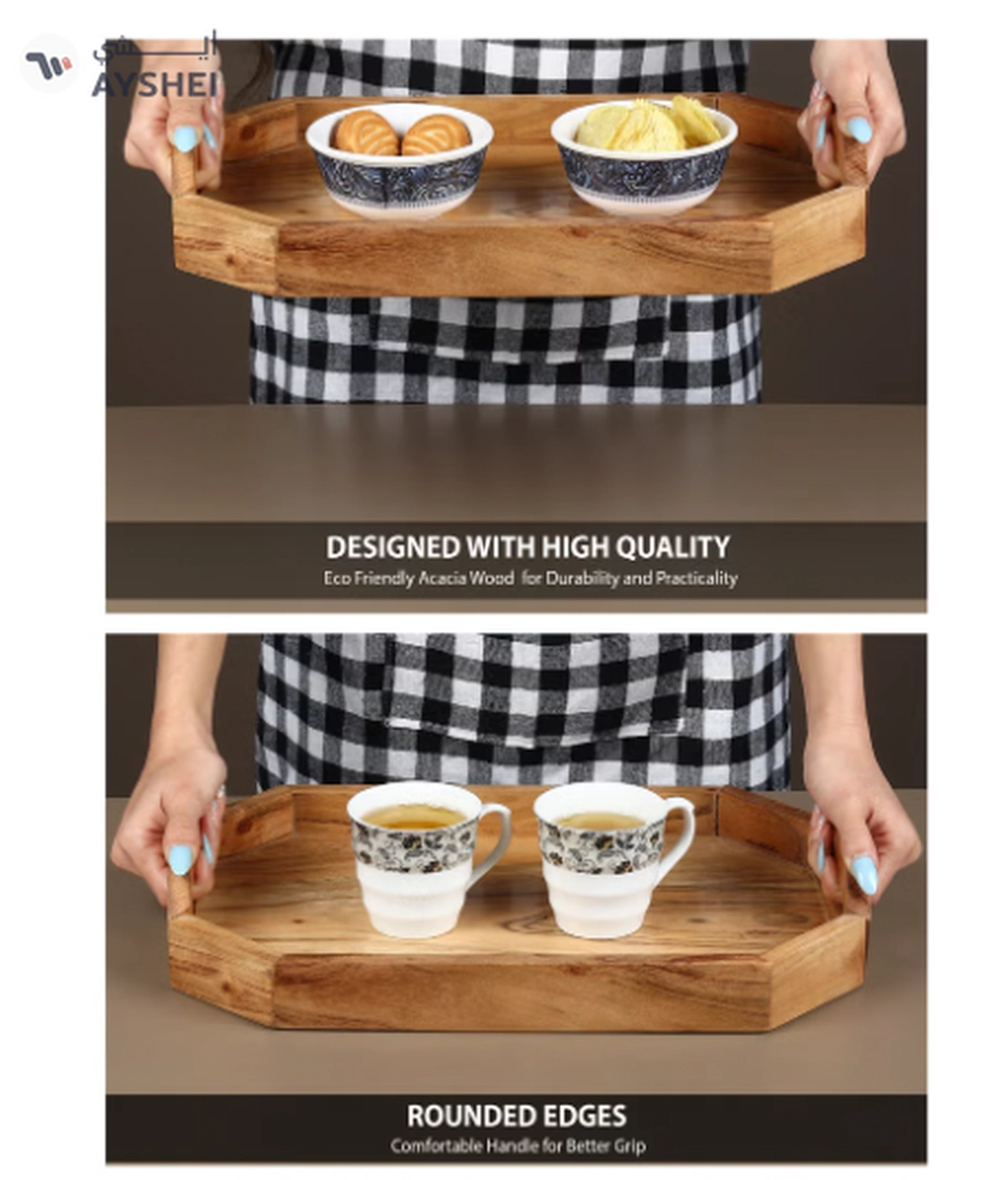 REZLAN UAE Premium Handcrafted Acacia Wood Serving Tray – Perfect for Breakfast-3-3