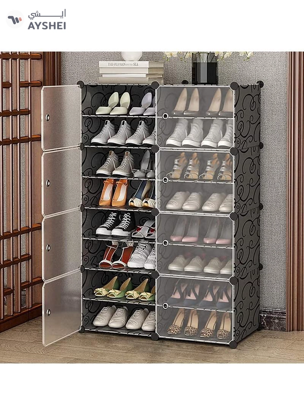 DubaiGallery Multi- Shoe Rack For Entryway,Stackable Modular Cabinet Shoe Shelf,Dustproof Shoes Rack Storage Shelf With Transparent Door-Black. 8-tier