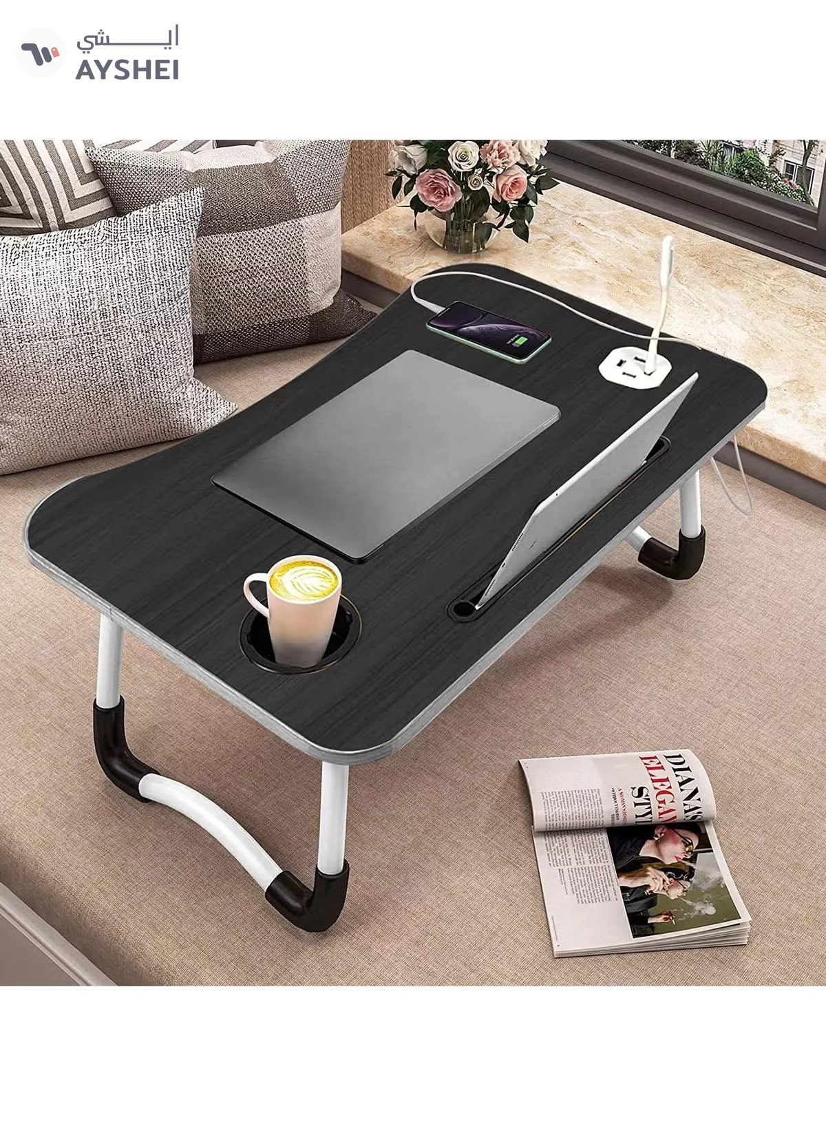 DubaiGallery Laptop Lap Desk, Foldable Laptop Table with 4 USB Ports Storage Drawer and Cup Holder, Laptop Bed Desk Laptop Stand for Bed Lap Tray Portable Standing Table for Bed Couch Floor-3-3