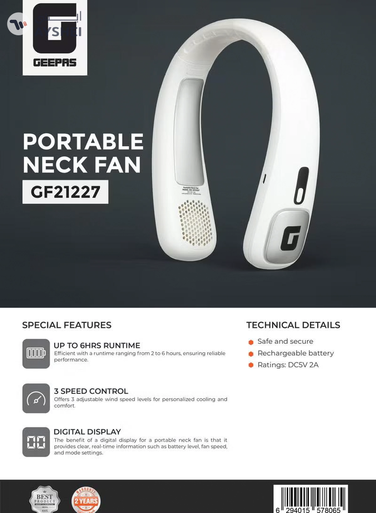 GEEPAS Portable Neck Fan- GF21227/ 6 Hours Long Working Time, 3 Speed Levels/ Digital Display, Lightweight, Rechargeable for Indoor and Outdoor Use/ Silent, Safe and Secure/ White, 2 Years Warranty GF21227 white-1-1