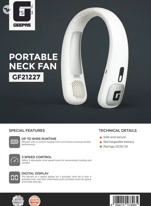 GEEPAS Portable Neck Fan- GF21227/ 6 Hours Long Working Time, 3 Speed Levels/ Digital Display, Lightweight, Rechargeable for Indoor and Outdoor Use/ Silent, Safe and Secure/ White, 2 Years Warranty GF21227 white