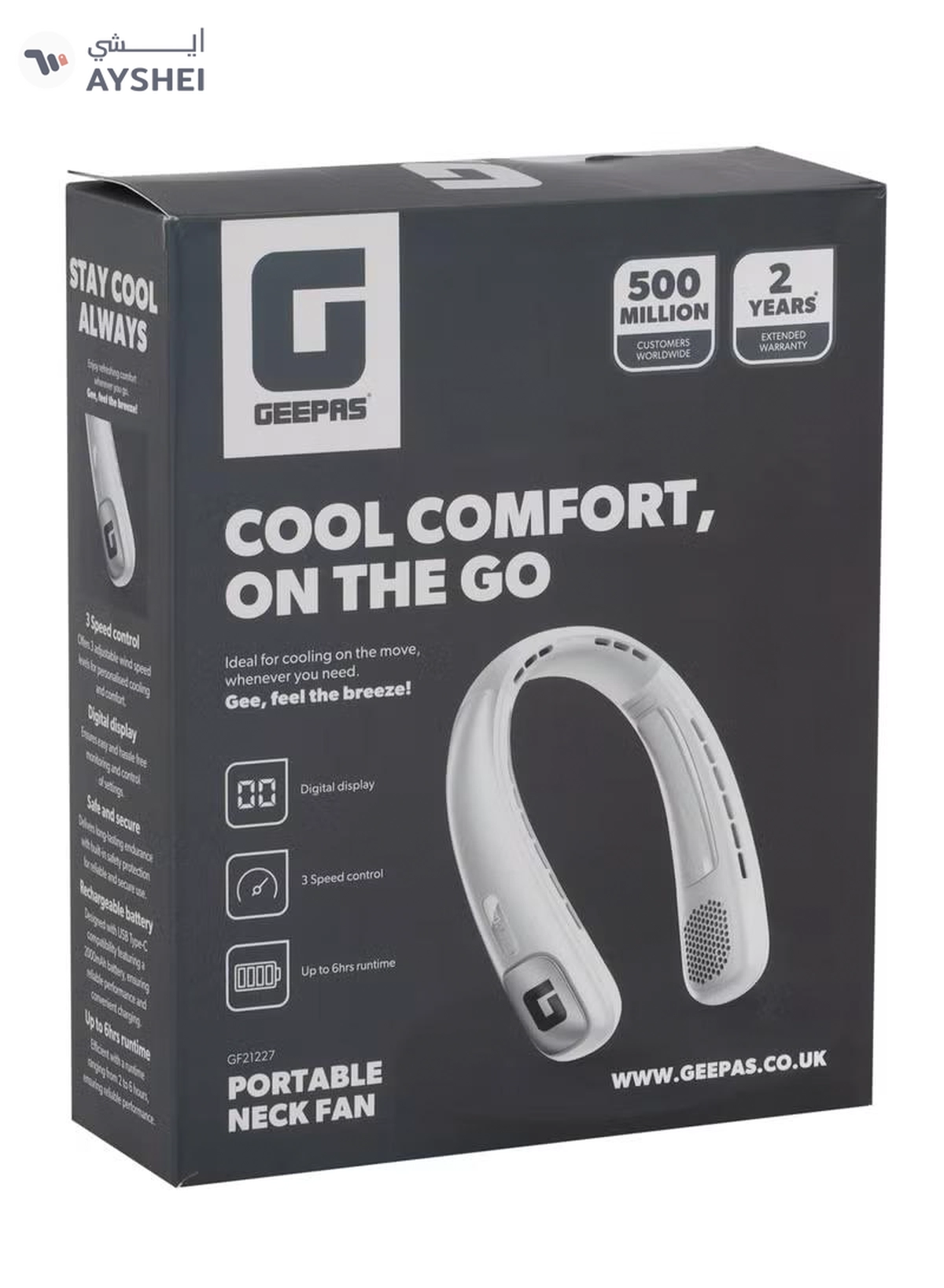 GEEPAS Portable Neck Fan- GF21227/ 6 Hours Long Working Time, 3 Speed Levels/ Digital Display, Lightweight, Rechargeable for Indoor and Outdoor Use/ Silent, Safe and Secure/ White, 2 Years Warranty GF21227 white-4-4