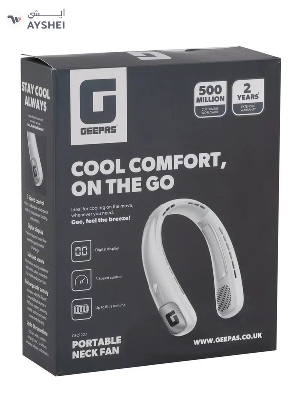 GEEPAS Portable Neck Fan- GF21227/ 6 Hours Long Working Time, 3 Speed Levels/ Digital Display, Lightweight, Rechargeable for Indoor and Outdoor Use/ Silent, Safe and Secure/ White, 2 Years Warranty GF21227 white