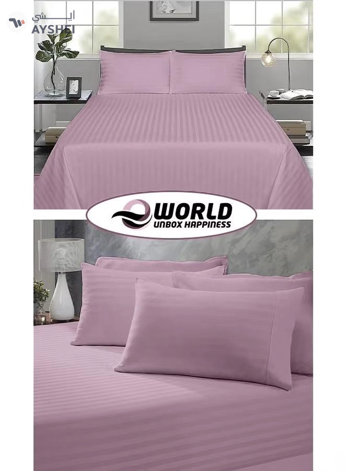 Eworld 3 Piece Luxury Pink Striped Bed Sheet Set with 1 Flat Sheet and 2 Pillowcases-2-2