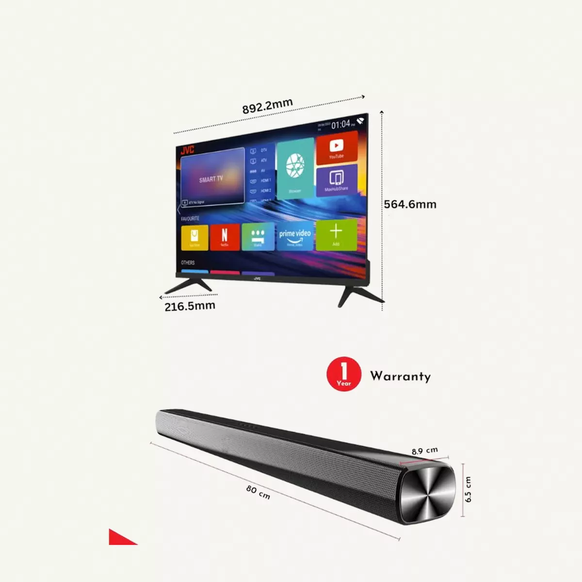 JVC 40 Inch Edgeless Full HD LED Android Smart TV with Dolby Audio, 60Hz, Paired with 2.0 Channel 30W Soundbar, Bluetooth, USB, FM Radio LT-40N550+SOUNDBAR Black-1-1