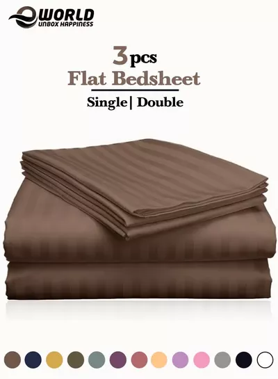 Eworld 3 Piece Luxury Dark Brown Striped Bed Sheet Set with 1 Flat Sheet and 2 Pillowcases for Hotel and Home Crafted from-0