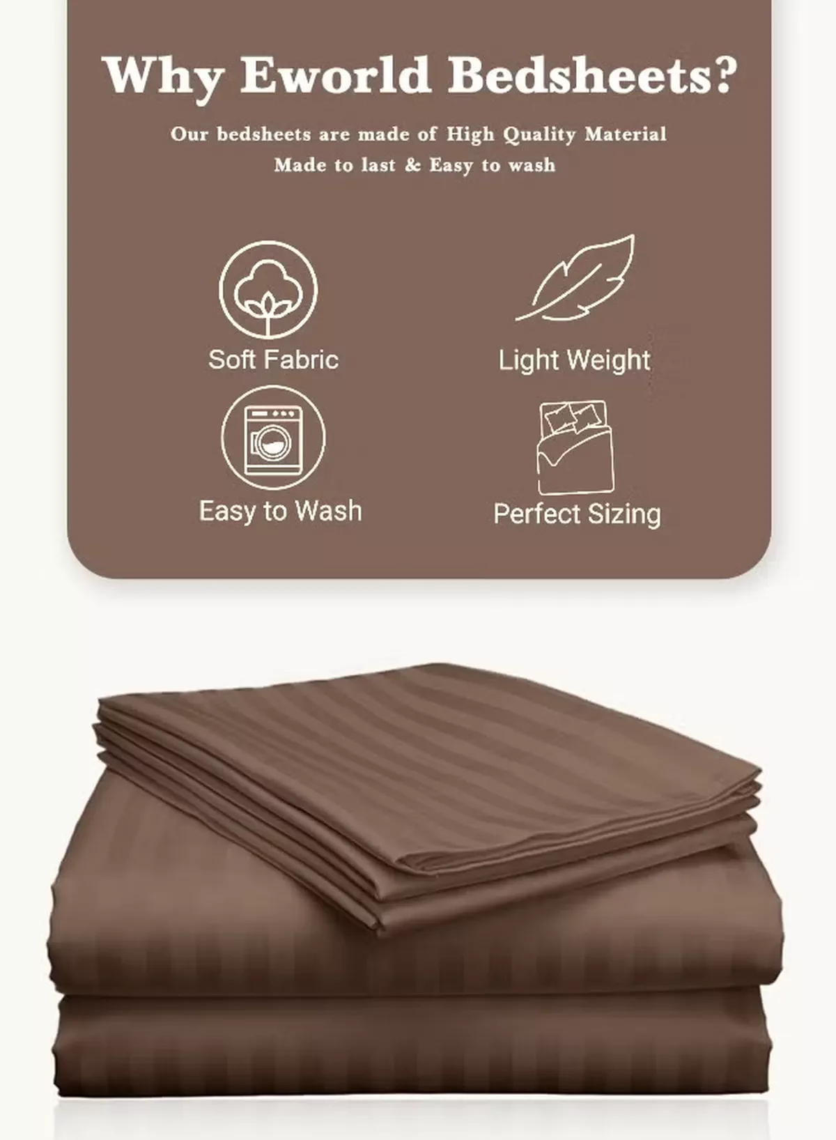 Eworld 3 Piece Luxury Dark Brown Striped Bed Sheet Set with 1 Flat Sheet and 2 Pillowcases for Hotel and Home Crafted from-4-4