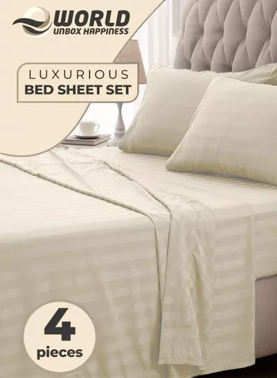 4-Piece Luxury King Size Cream Striped Bedding Set Includes 1 Duvet Cover (220x240cm), 1 Bedsheet (200x200cm), and 2 Pillow Cases (48x74+5cm) for Ultimate Hotel-Inspired Sophistication-0