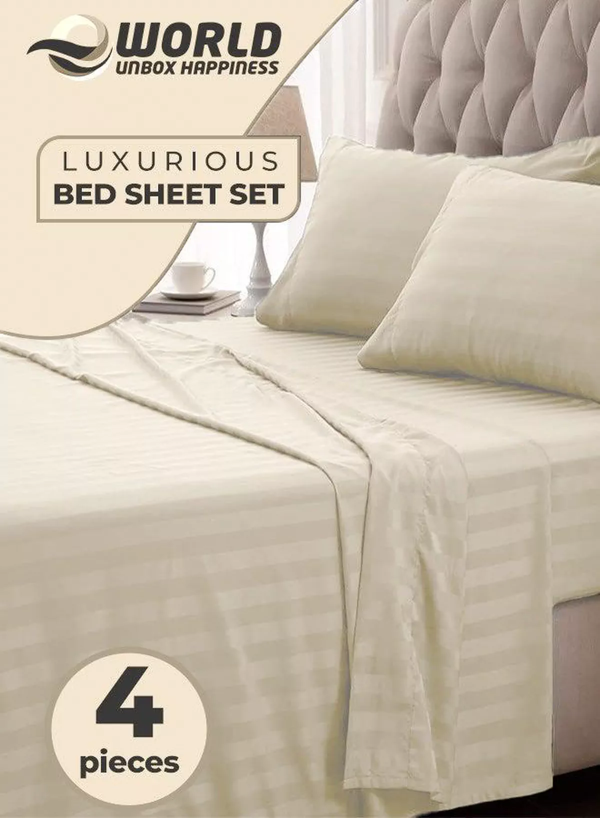 4-Piece Luxury King Size Cream Striped Bedding Set Includes 1 Duvet Cover (220x240cm), 1 Bedsheet (200x200cm), and 2 Pillow Cases (48x74+5cm) for Ultimate Hotel-Inspired Sophistication