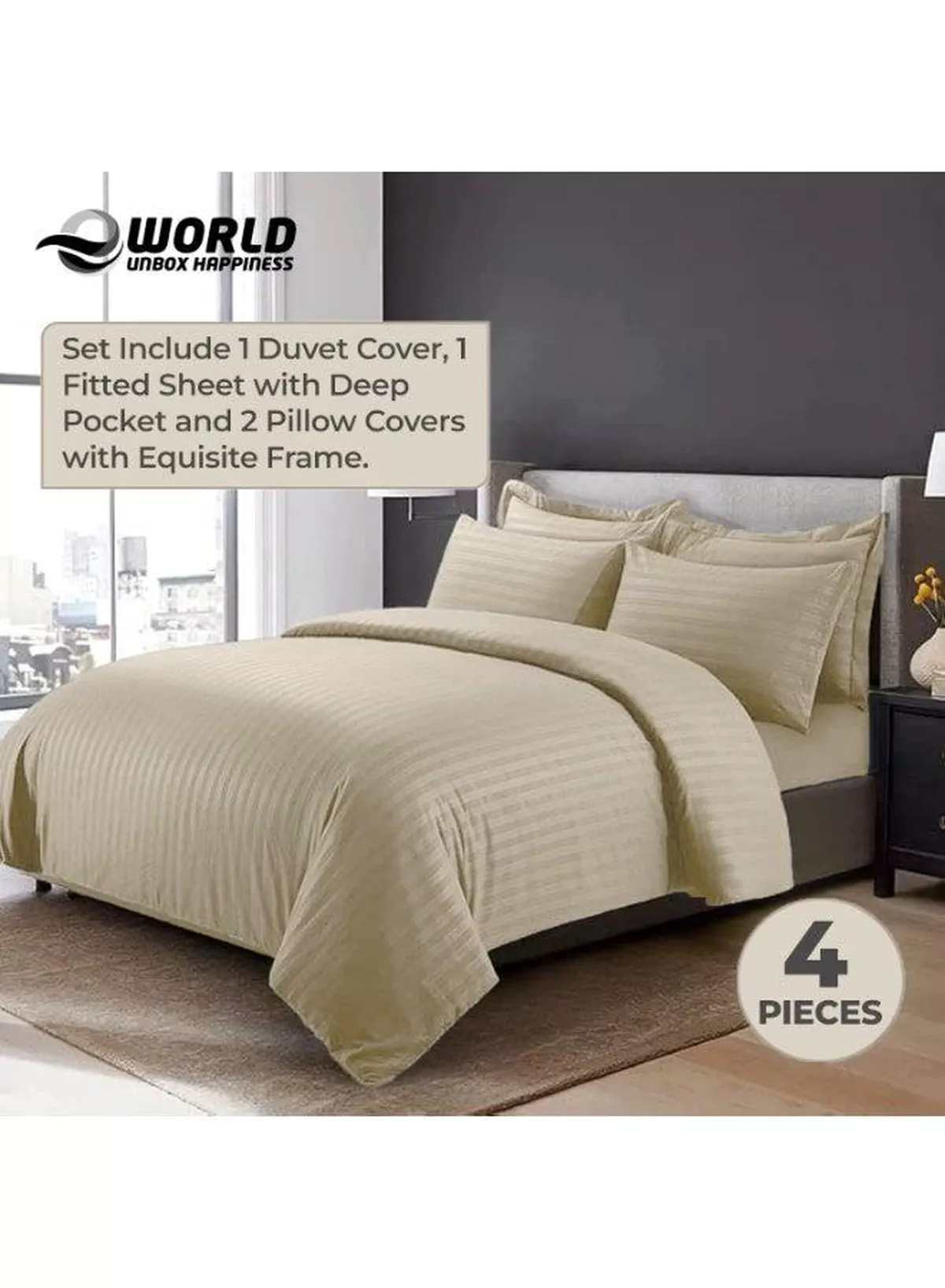 4-Piece Luxury King Size Cream Striped Bedding Set Includes 1 Duvet Cover (220x240cm), 1 Bedsheet (200x200cm), and 2 Pillow Cases (48x74+5cm) for Ultimate Hotel-Inspired Sophistication-1-1