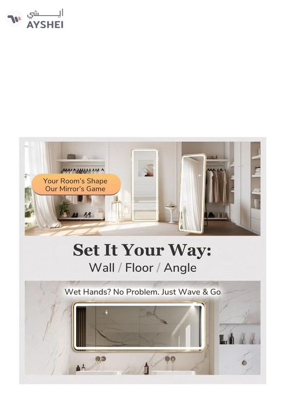 Y&D Full Length Floor Mirror LED Whole Body Mirror, Wall Mounted Hanging Mirror with Lights, Makeup Vanity Mirror, Bedroom Full Size Body Mirror with Dimming & 3 Color Modes