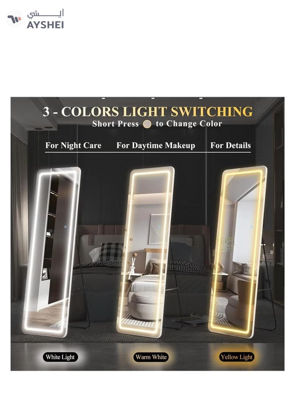 Y&D Full Length Floor Mirror LED Whole Body Mirror, Wall Mounted Hanging Mirror with Lights, Makeup Vanity Mirror, Bedroom Full Size Body Mirror with Dimming & 3 Color Modes