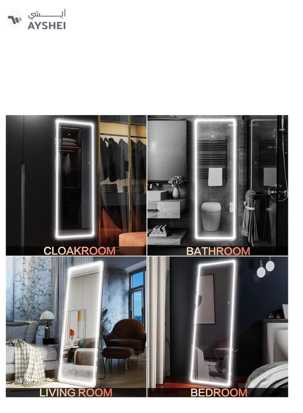 Y&D Full Length Floor Mirror LED Whole Body Mirror, Wall Mounted Hanging Mirror with Lights, Makeup Vanity Mirror, Bedroom Full Size Body Mirror with Dimming & 3 Color Modes