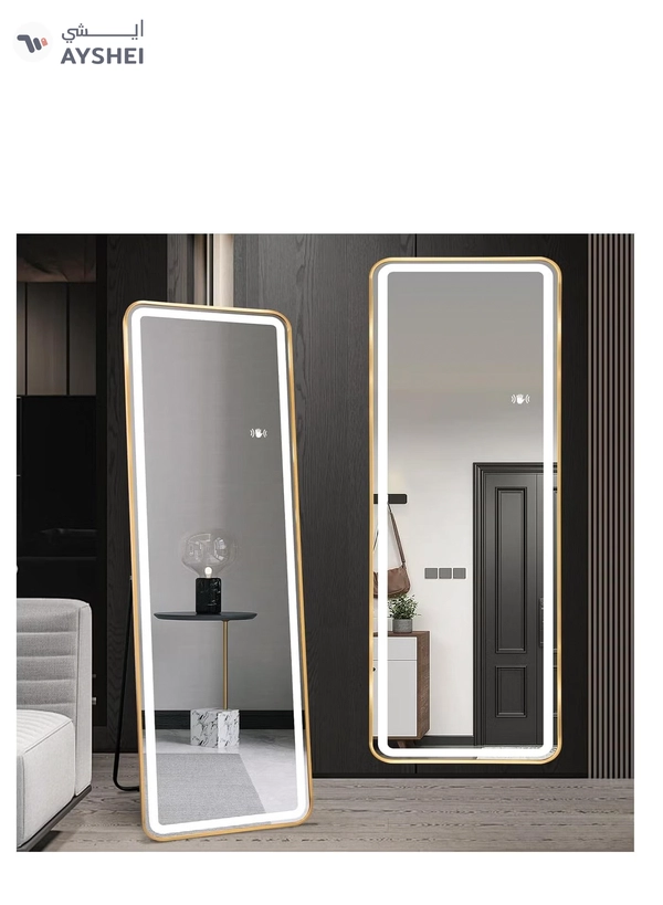 Y&D Full Length Floor Mirror LED Whole Body Mirror, Wall Mounted Hanging Mirror with Lights, Makeup Vanity Mirror, Bedroom Full Size Body Mirror with Dimming & 3 Color Modes
