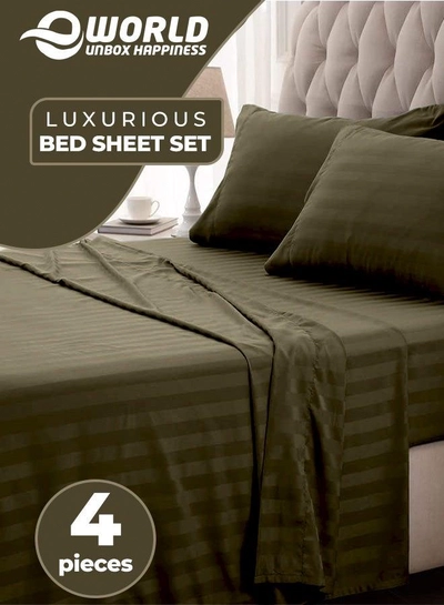 4-Piece Luxury King Size Dark Olive Green Striped Bedding Set Includes 1 Duvet Cover (220x240cm), 1 Fitted Bed Sheet (200x200+30cm), and 2 Pillow Cases (48x74+5cm) for Ultimate Hotel-Inspired Sophistication-0
