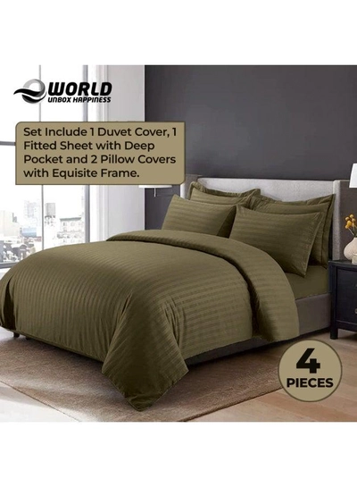 4-Piece Luxury King Size Dark Olive Green Striped Bedding Set Includes 1 Duvet Cover (220x240cm), 1 Fitted Bed Sheet (200x200+30cm), and 2 Pillow Cases (48x74+5cm) for Ultimate Hotel-Inspired Sophistication-2