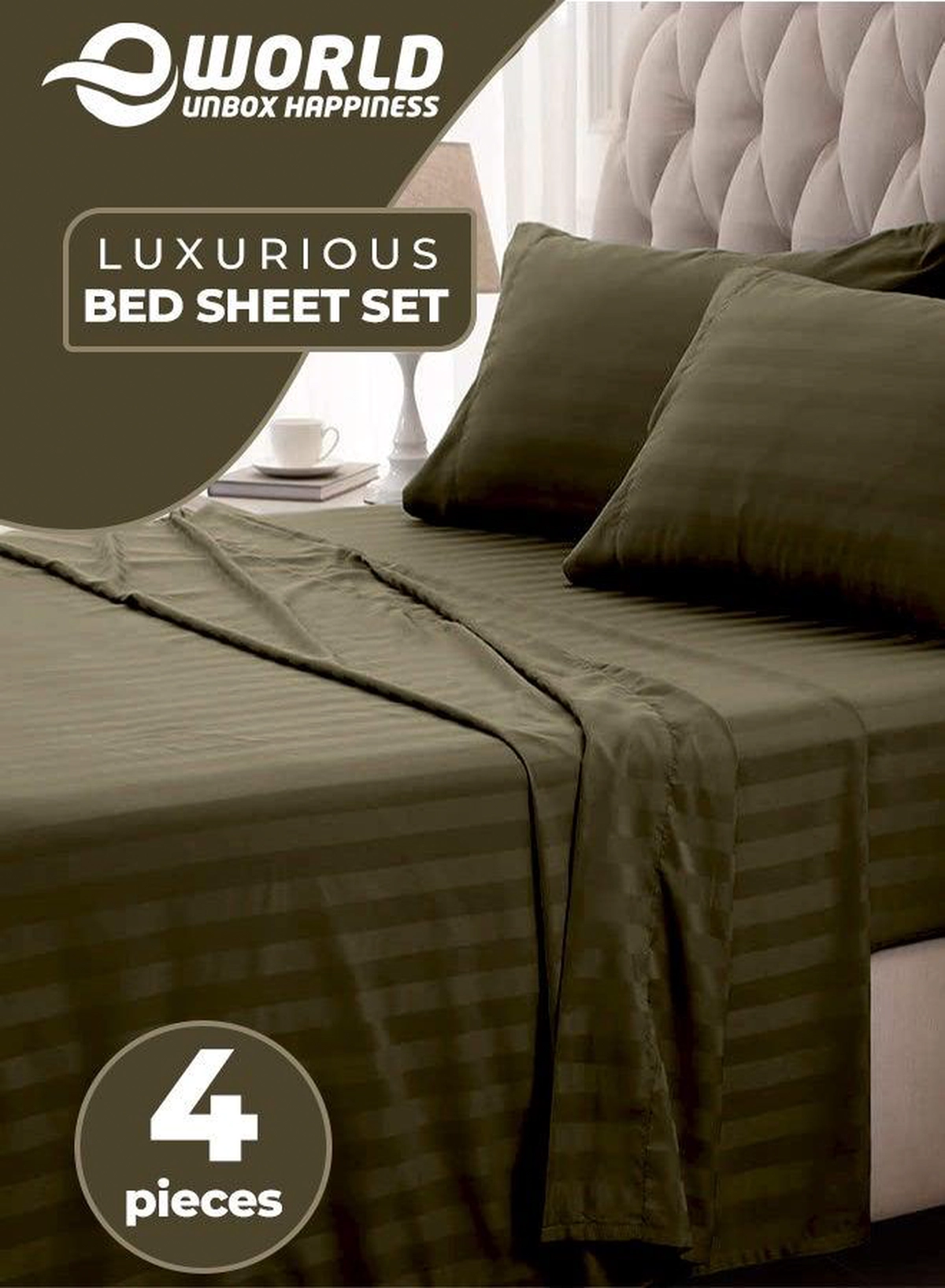 4-Piece Luxury King Size Dark Olive Green Striped Bedding Set Includes 1 Duvet Cover (220x240cm), 1 Fitted Bed Sheet (200x200+30cm), and 2 Pillow Cases (48x74+5cm) for Ultimate Hotel-Inspired Sophistication