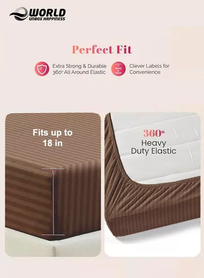 Brown Striped Microfiber Fitted Bedsheet with Deep Pocket for a Snug Fit, Breathable, Machine Washable for Optimal Protection, Available in King, Queen and Single Sizes, Without Pillow Cover-3