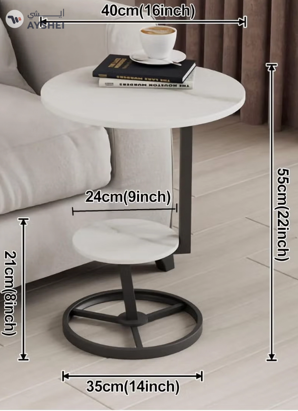 DubaiGallery Luxury Marble End Table Decor C Shaped Side Table Round Rotate Coffee Table with Storage Shelf for Home Living Room Coffee Table Outdoor Indoor Furniture Double Layer-1-1