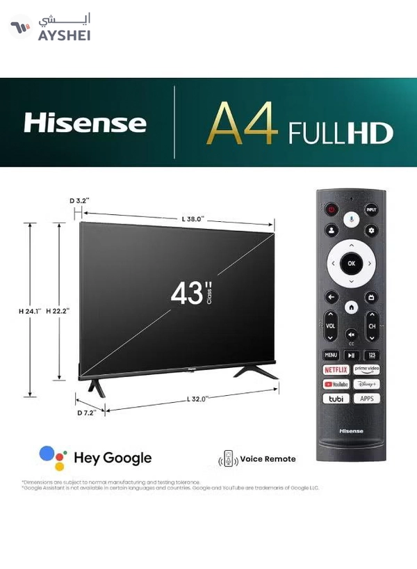 Hisense 43 Inch Full HD Smart TV – VIDAA OS, Natural Color Enhancer, Game Mode, Dolby Audio, Screen Mirroring, Noise Reduction, HDMI ARC, Wi-Fi, YouTube, Netflix - 2025 43A4Q Black