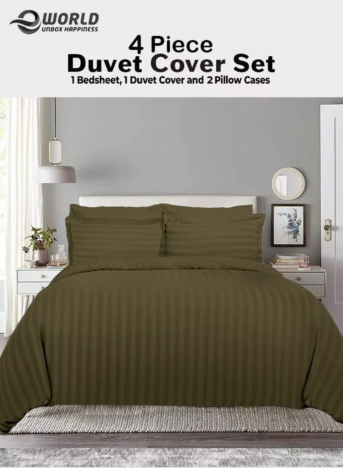 Premium Striped Duvet Set All Season – 4-Pieces Set Olive Green | King Size 220x240 cm | Ultra-Soft, Wrinkle-Resistant & Made in Dubai | Includes Duvet Cover, Fitted Sheet (200x200 cm) & 2 Pillowcases (50x70 cm)
