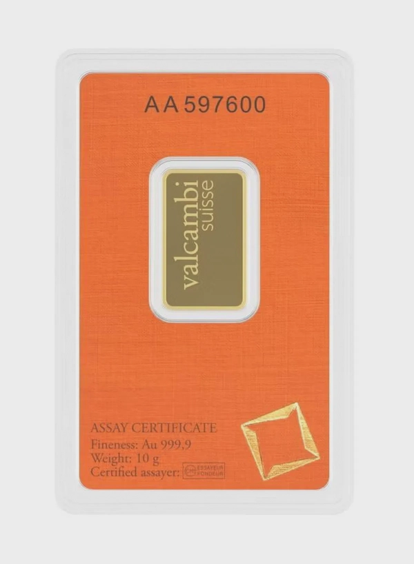 Valcambi Suisse 10g 24K (999.9) Pure Minted Gold Bar - Variable Design